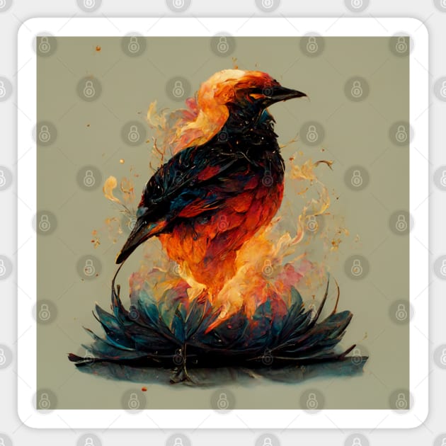 Flame burning bird standing on a blue fire lotus Sticker by Riverside-Moon